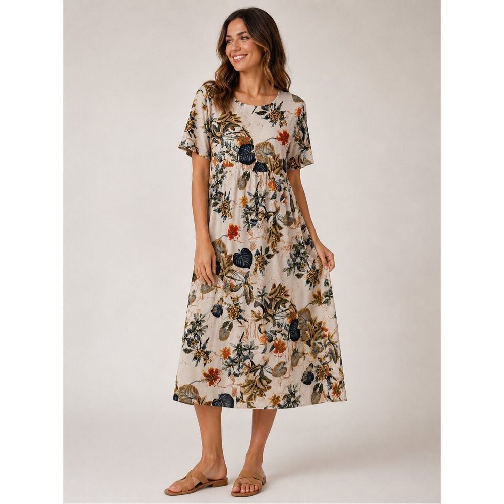 Zanzea Collection Floral Botanical 100% Cotton Midi Dress Women’s L